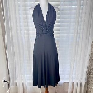Tua Halter Midi Dress Women Medium Black Excellent O-Ring Plunging V-Neck Y2K